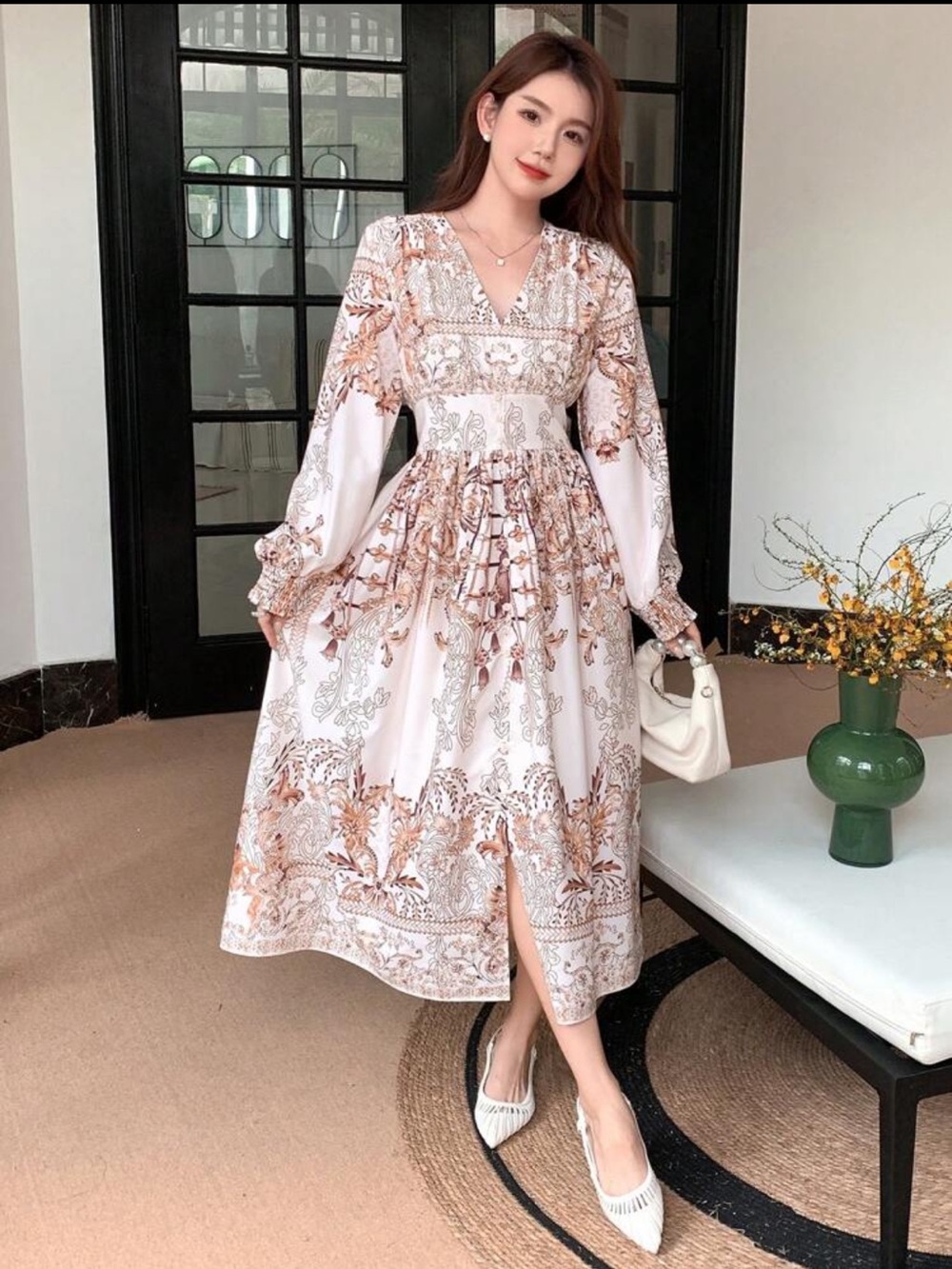 V-Neck White & Tan Printed Midi Dress with Long Sleeves